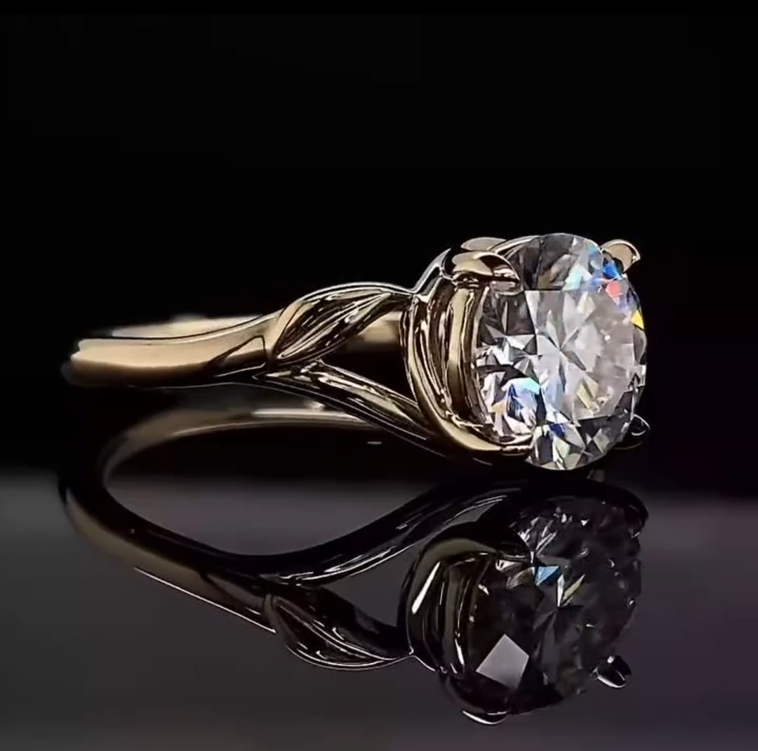 Perspective view displaying brilliance of 3 CT round lab diamond and organic split shank.