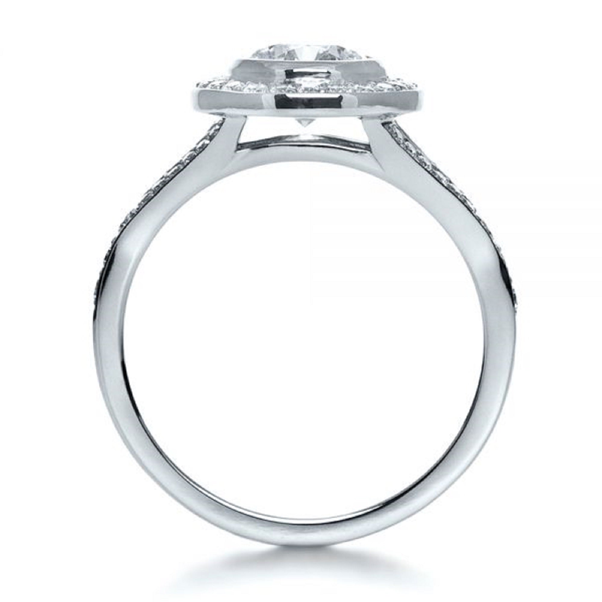Side profile view of a 3 CT round lab grown diamond ring with bezel halo in white gold.