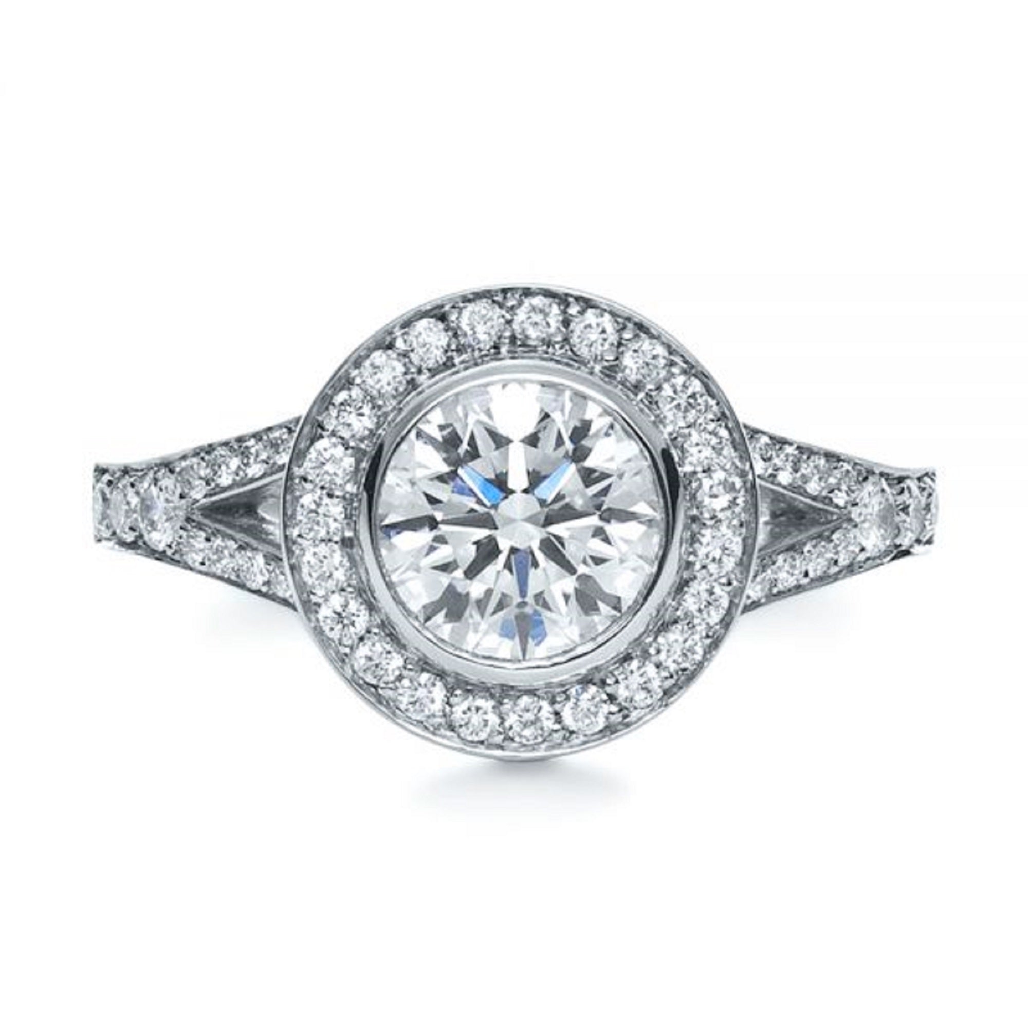 Direct top-down view of a 3 carat round cut lab diamond with bezel halo and split pave shank.