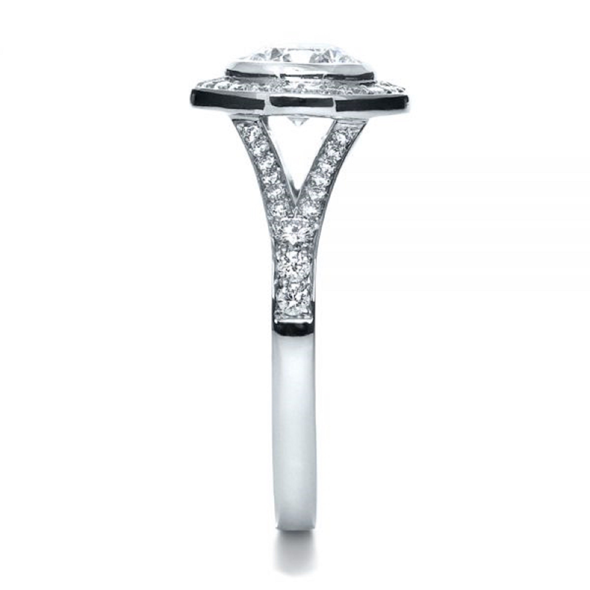 Side profile detailing the pave split-shank architecture and bezel setting of a white gold ring.