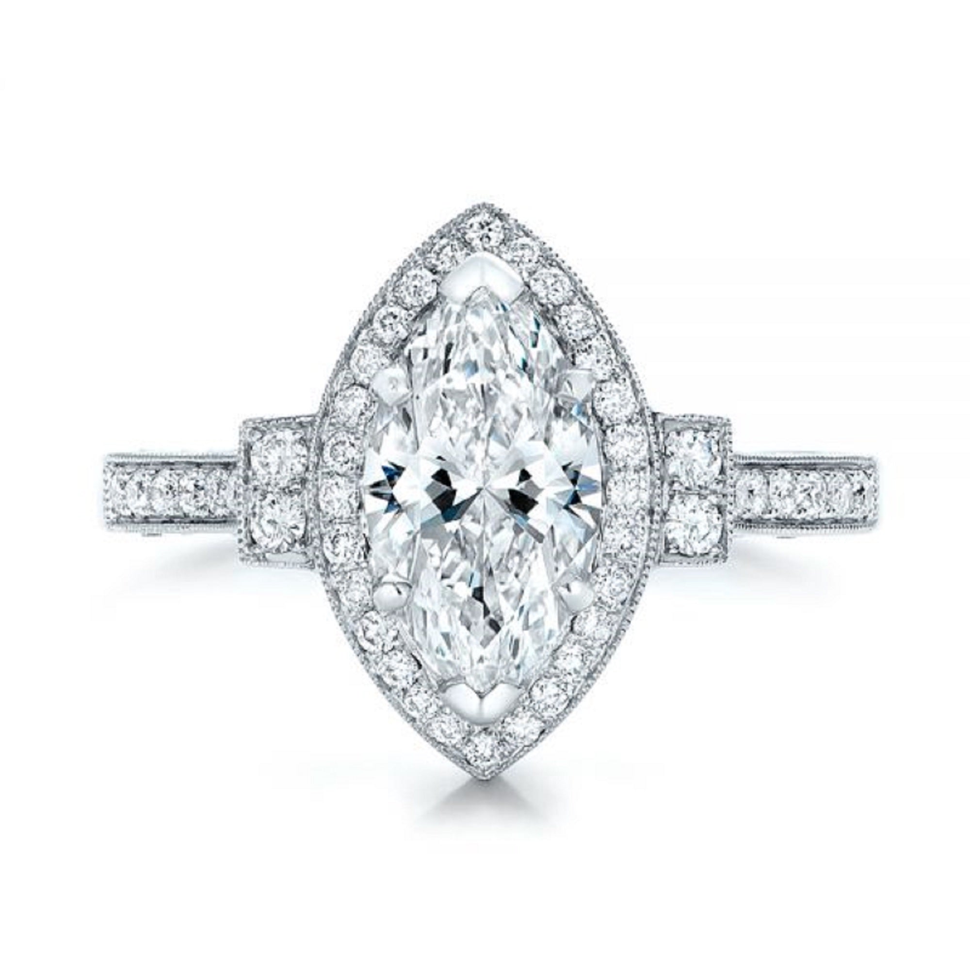 Studio top-down view of a 3 CT marquise lab diamond engagement ring on white background.