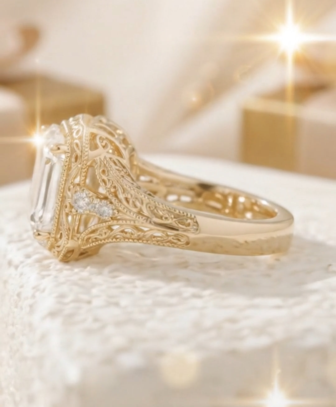 royal filigree scroll design that allows light to flood the stone from every angle. Shimmering accent stones are nestled beautifully into the tapering shoulders of the band for an extra touch of radiance.