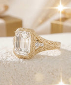 Front view of an art deco emerald cut diamond ring in a yellow gold milgrain bezel setting