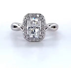 Direct top-down view of an elongated 2 CT radiant lab diamond ring with micro-pavé halo and infinity shank.