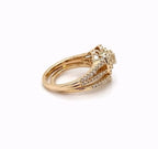 Side angle view showing the split shank design and pave setting on yellow gold lab diamond double halo ring set.