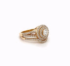 Perspective view showcasing the layered double halo and multi-row pave band on 1.5 CT round lab diamond set.