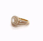 Profile view from the left side highlighting the seamless stacked alignment of engagement ring and matching band.