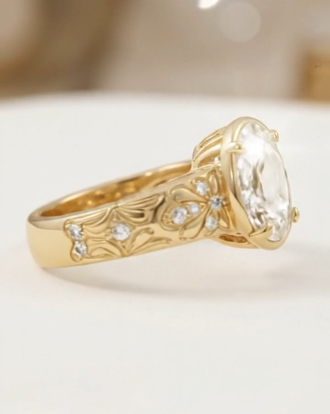 2 CT Oval Cut floral engraving and diamond accents on the band