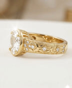 2 CT Oval Cut ornate filigree band floral engraving Yellow Gold Ring
