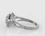 Side profile view of a 2 CT cushion cut lab diamond engagement ring with split shank pavé band