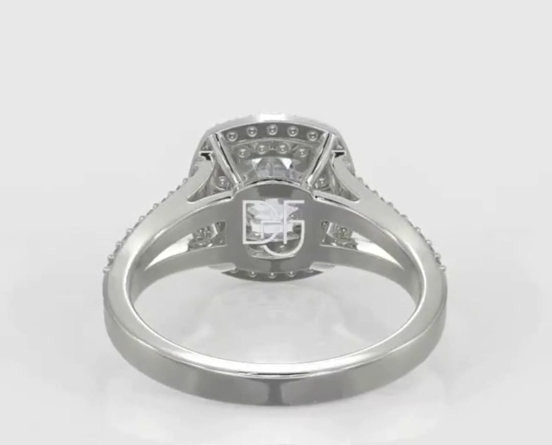 Direct back-view showing the under-gallery structure and inner band of a cushion lab diamond double halo ring