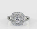Top-down view showing the 2 carat cushion cut lab grown diamond encircled by a brilliant double halo