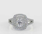 Top-down view showing the 2 carat cushion cut lab grown diamond encircled by a brilliant double halo