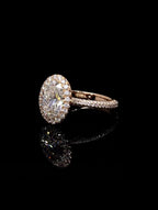 Perspective view displaying brilliance and reflection of 3 carat oval lab diamond halo ring