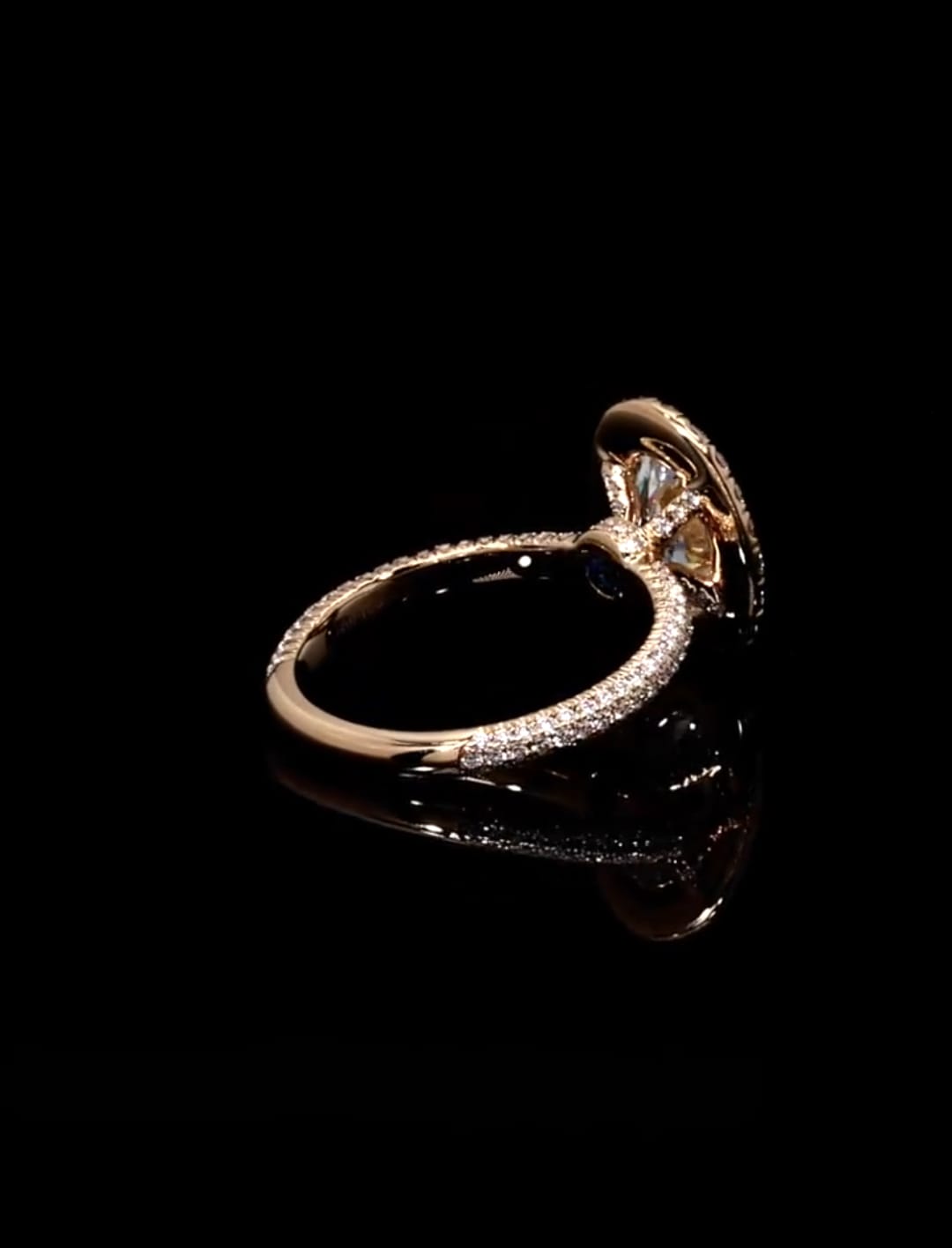 Back angle view of rose gold 3 carat oval lab grown diamond engagement ring