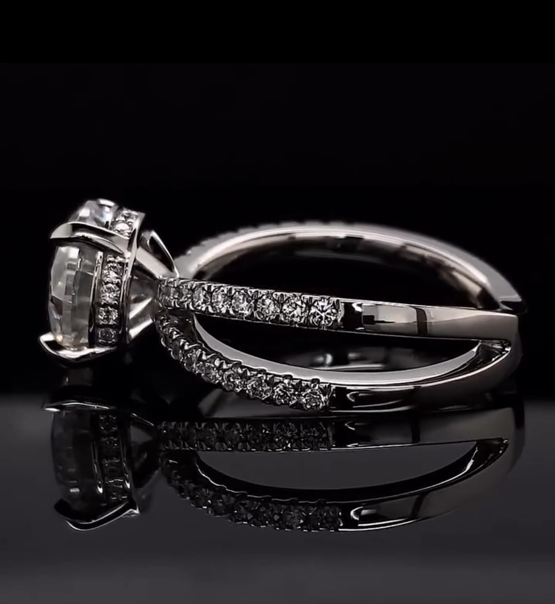 Side view showing hidden halo basket and split pavé band of 3 CT round lab diamond engagement ring