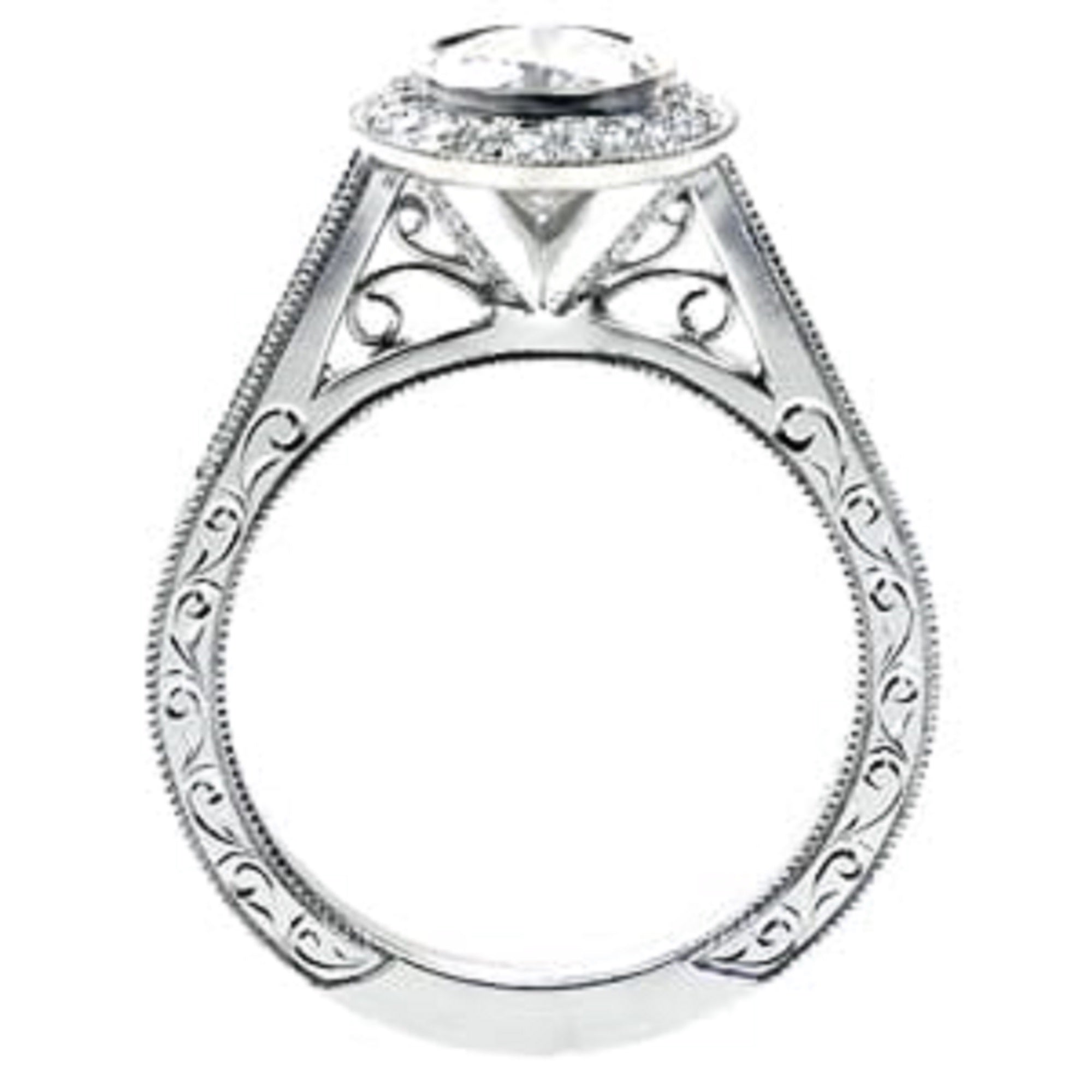 Side profile view highlighting intricate filigree scrollwork bridge and hand-engraved ring shank