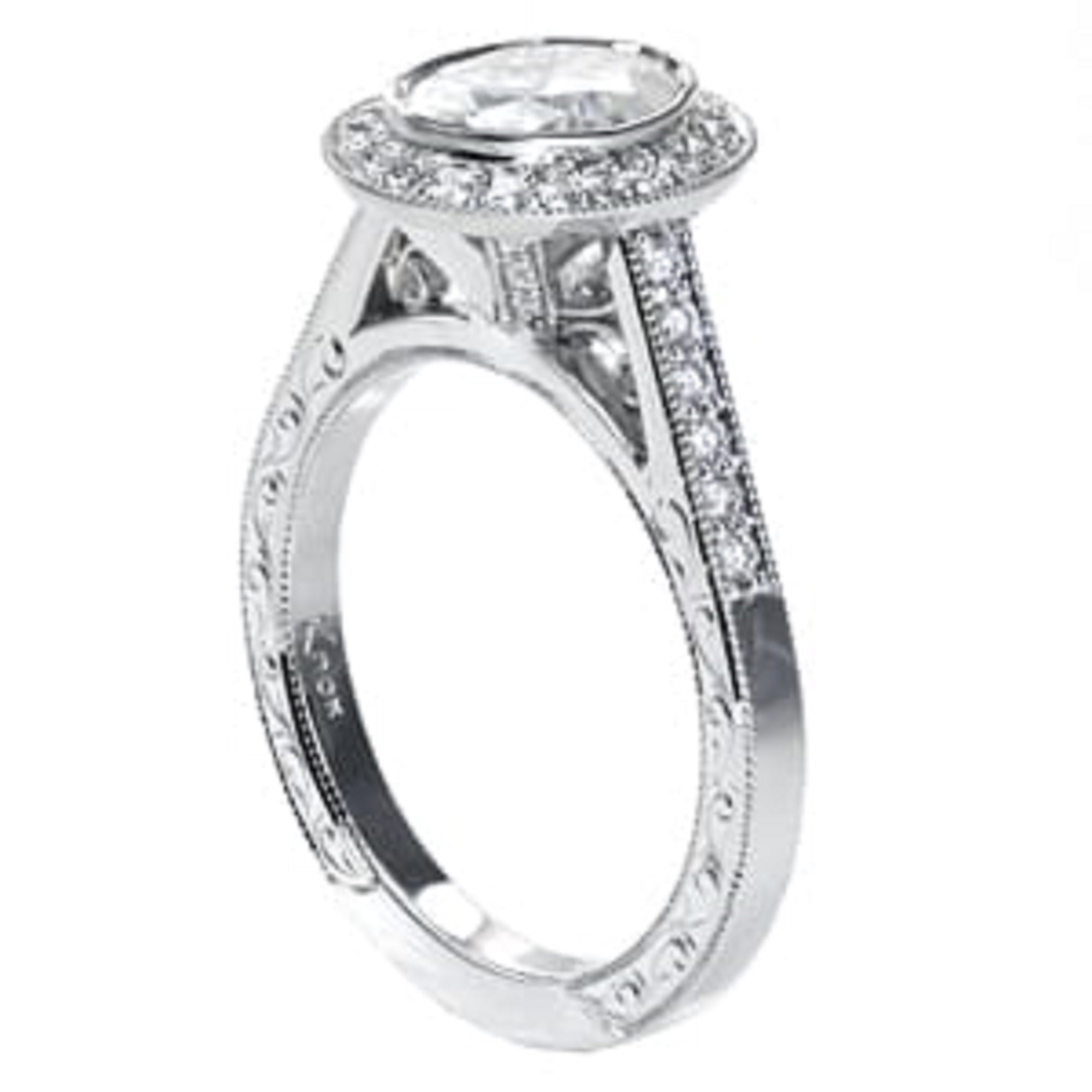 Three-quarter side view showing pave setting, milgrain edges, and vintage engraved band profile