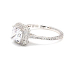 Side angle view of 2 carat princess cut lab grown diamond ring with micro-pave halo and engraved band