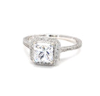 Front view of 2 CT princess cut lab grown diamond ring with square milgrain halo setting
