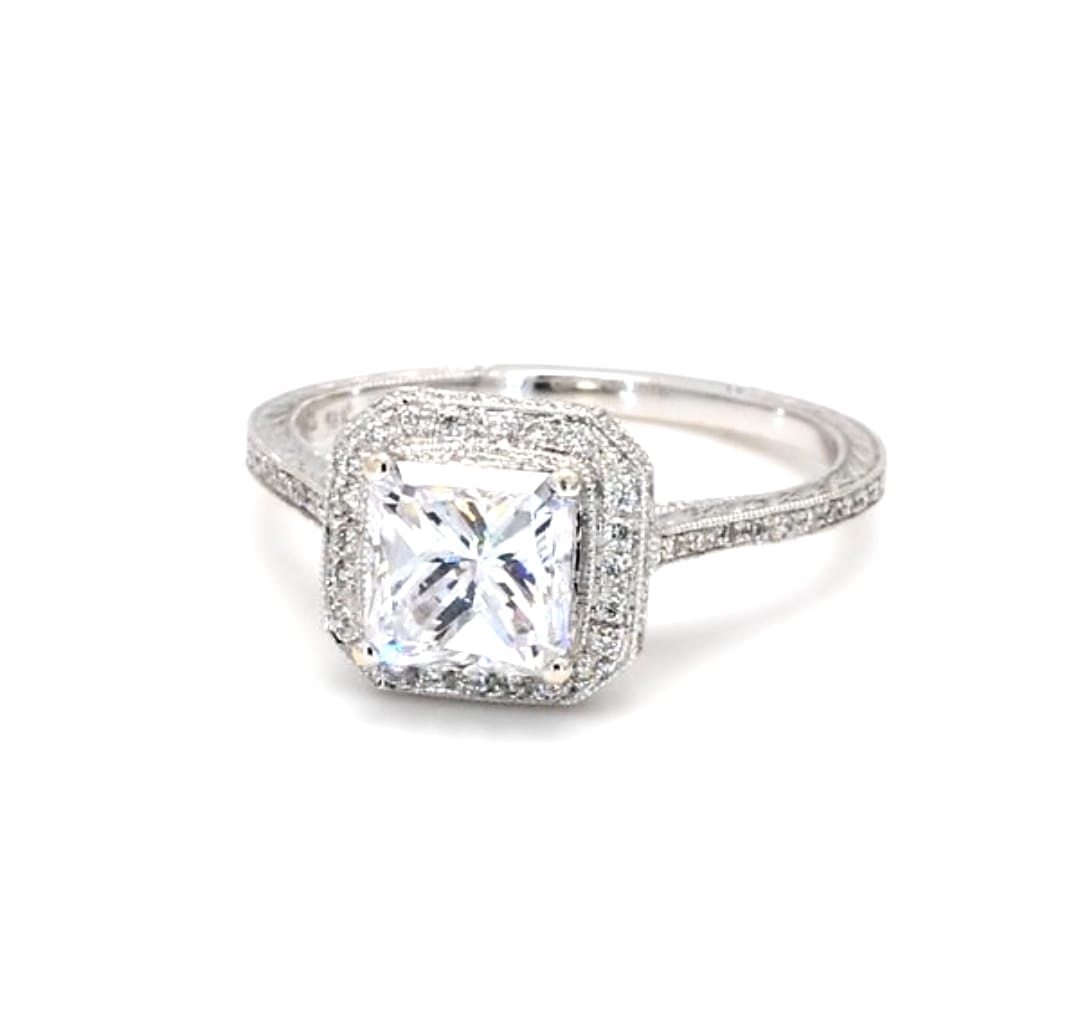Front view of 2 CT princess cut lab grown diamond ring with square milgrain halo setting