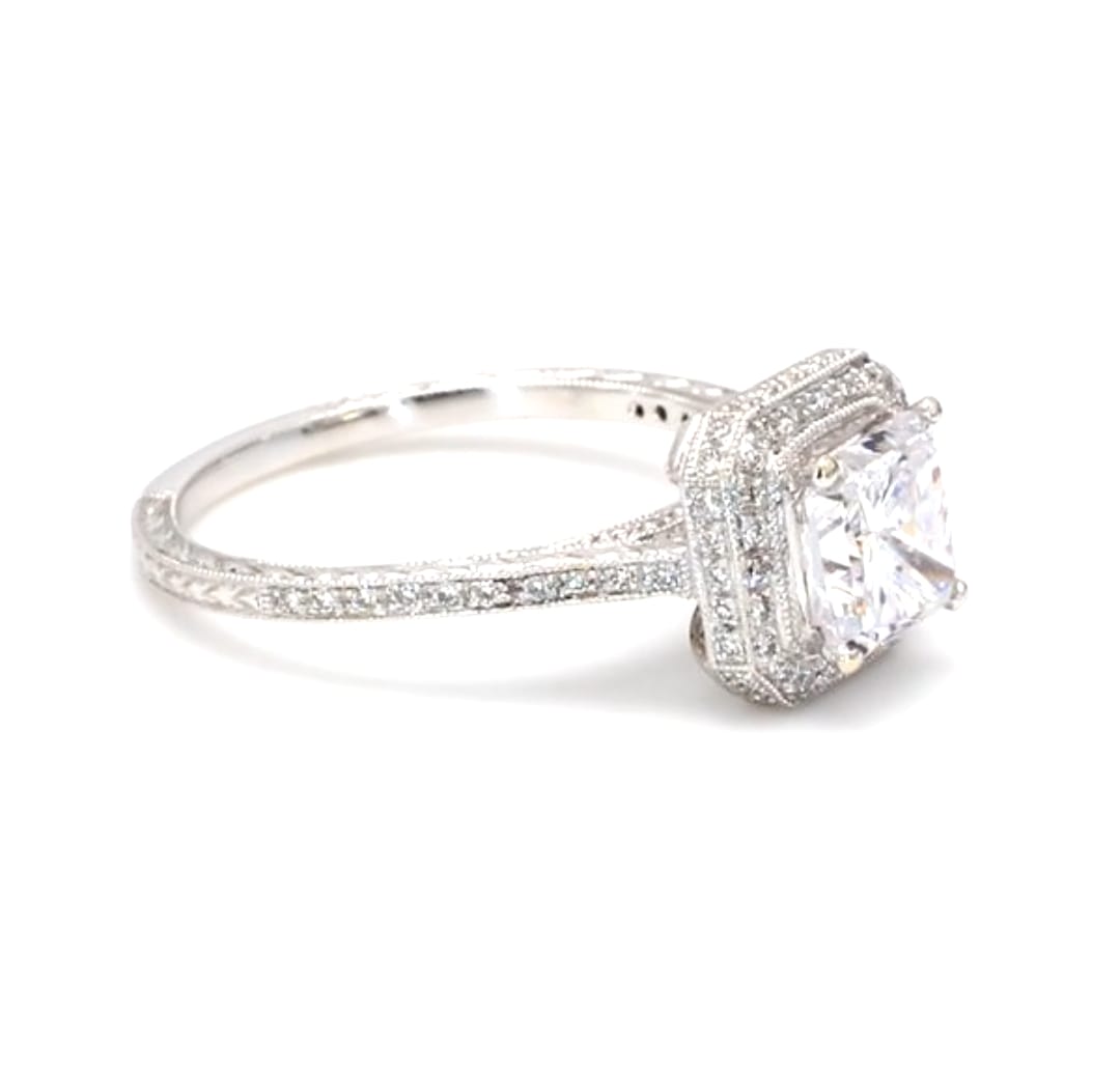 Three-quarter angle showing square halo and split cathedral pave band details