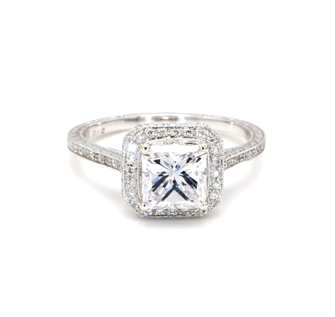 Direct top front view showing brilliance of princess cut lab diamond center stone