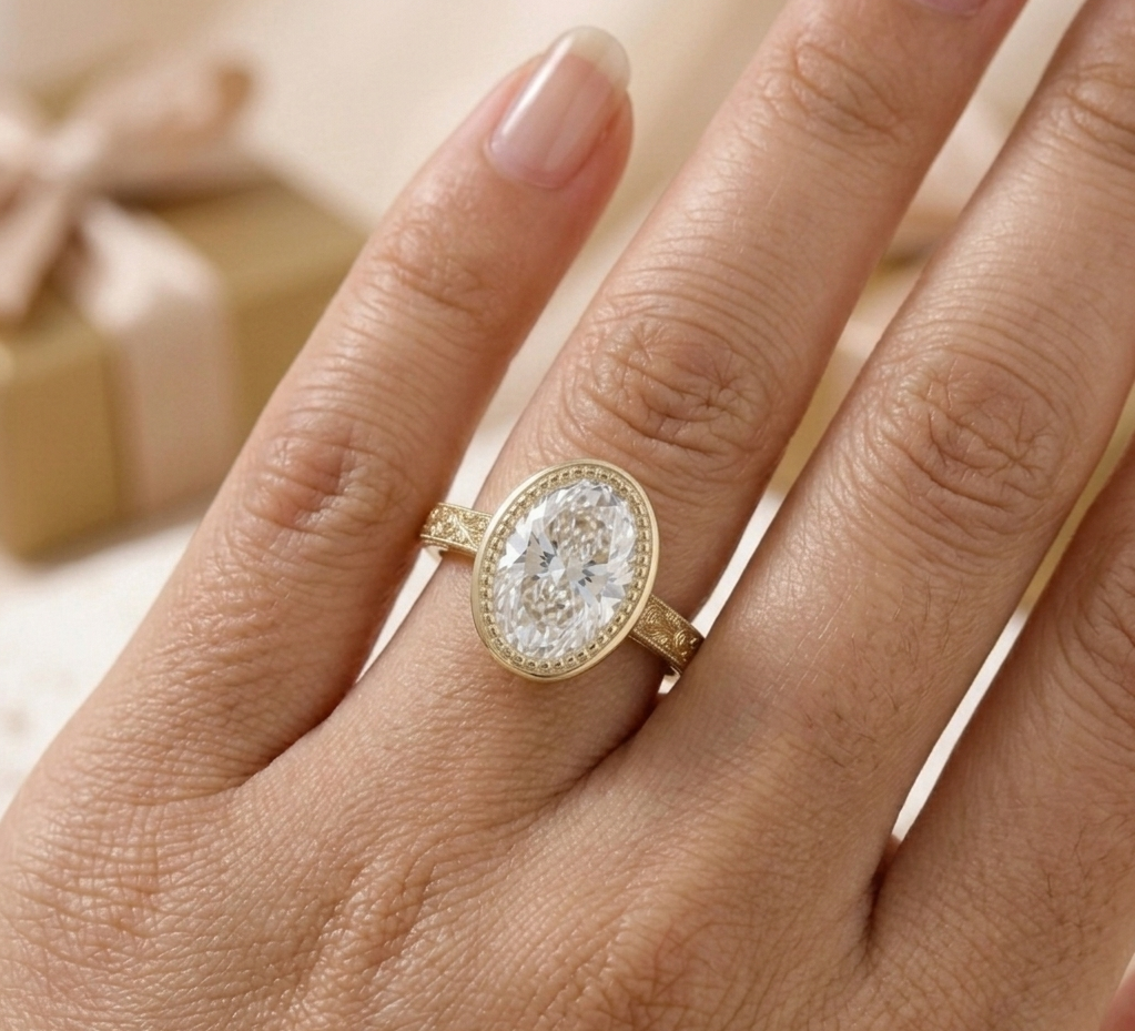 3 Ct Oval Cut bezel Set lab Grown Diamond ring in hand