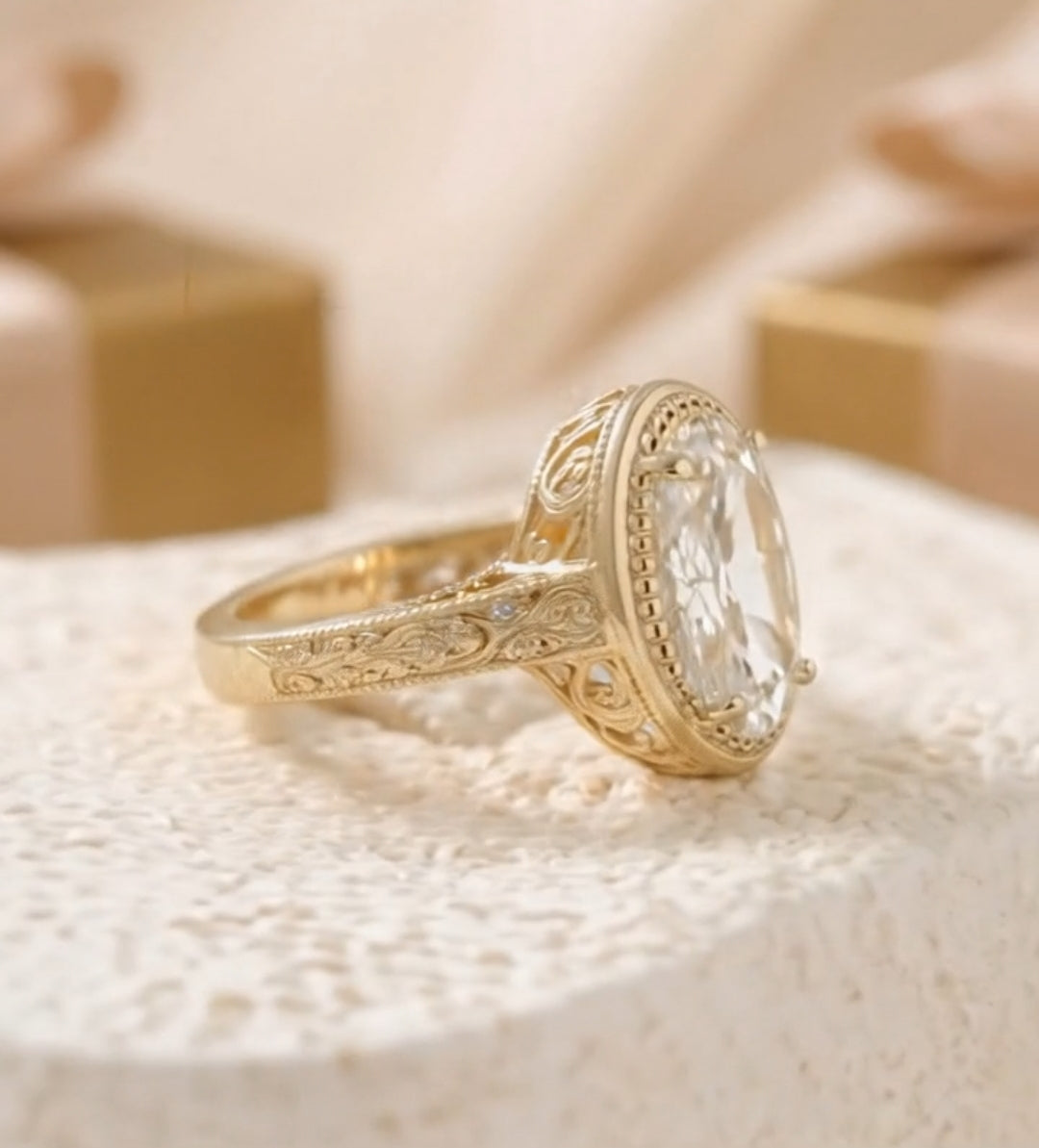 Side profile of a vintage Oval Cut Ring, bezel setting with old-world metalwork