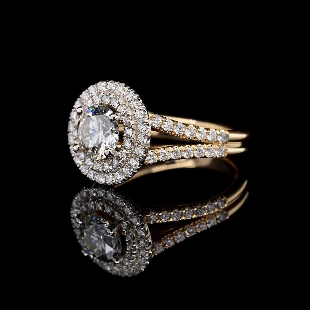 Perspective view showing the detailed pave split-shank band and double halo setting of a round lab diamond ring.