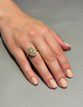 On Hand view 3 CT yellow oval lab diamond engagement ring with a pavé-set yellow gold band.