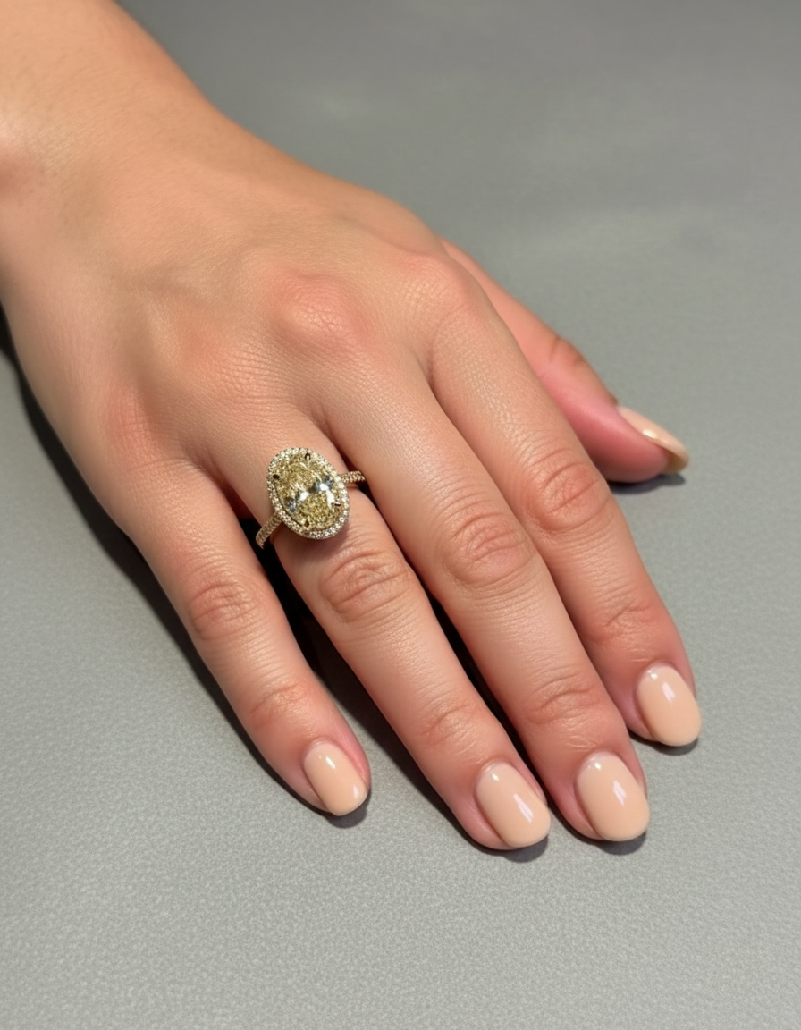 On Hand view 3 CT yellow oval lab diamond engagement ring with a pavé-set yellow gold band.
