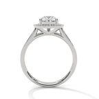 Profile view showing the basket and band structure of a white gold pear halo engagement ring