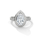 Top-down view of a 3 CT pear cut lab grown diamond halo engagement ring in white gold