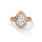 Front view of a 3 carat pear cut lab diamond engagement ring set in rose gold halo band