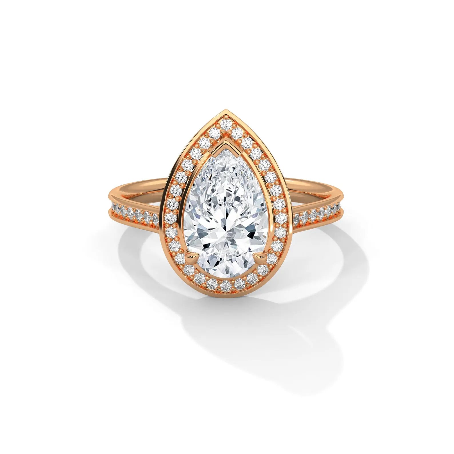 Front view of a 3 carat pear cut lab diamond engagement ring set in rose gold halo band