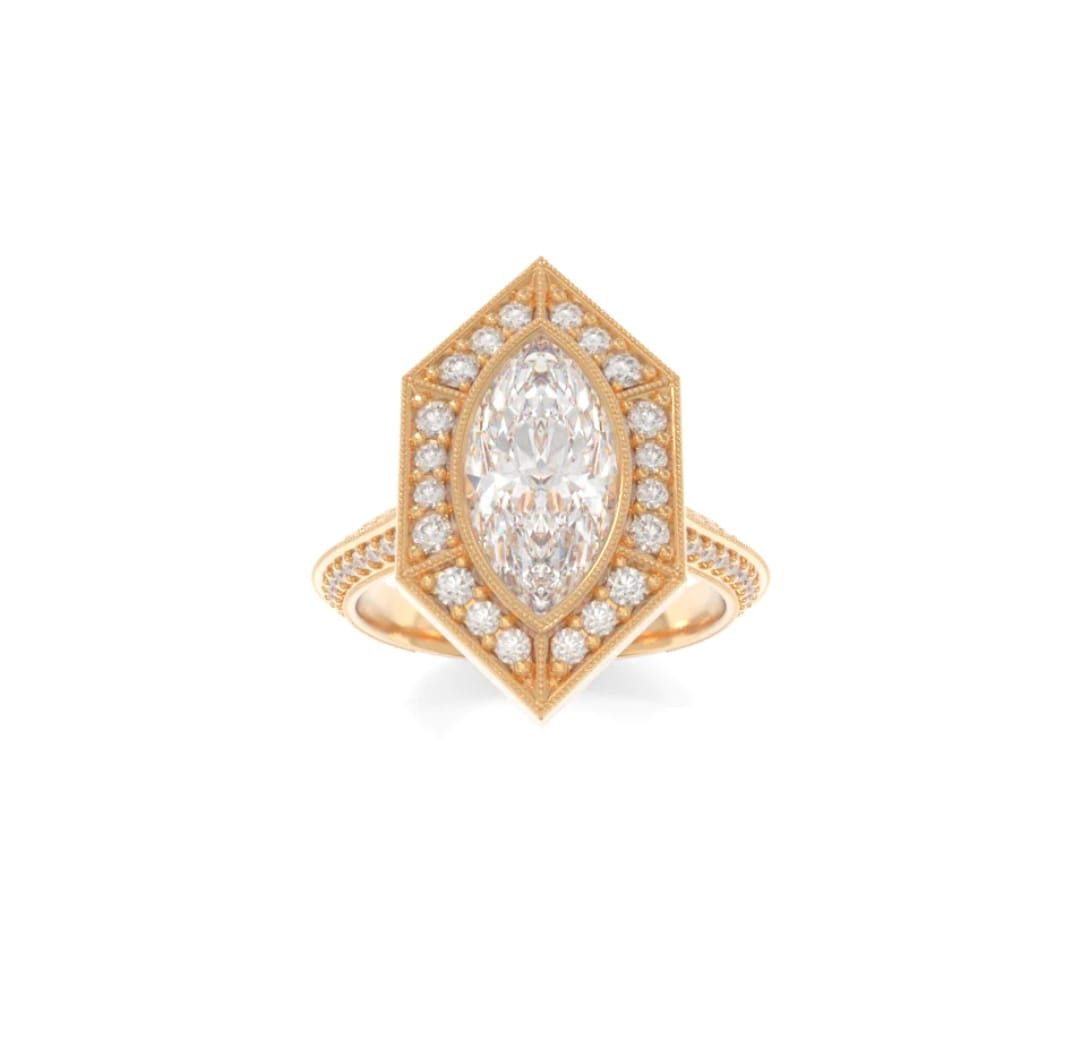 Top-down view of a 3 CT marquise lab diamond ring in yellow gold with an Art Deco hexagon halo setting