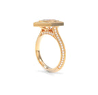 Side profile angle of a yellow gold 3 ct marquise lab diamond engagement ring showing pave set shank