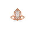 Front top-down view of a 3 carat marquise lab created diamond engagement ring in rose gold with geometric halo