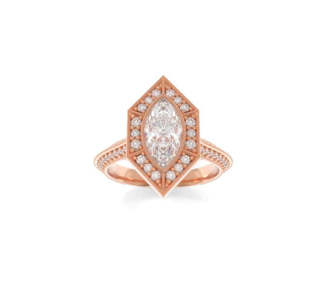 Front top-down view of a 3 carat marquise lab created diamond engagement ring in rose gold with geometric halo