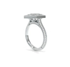 Side profile view of a white gold 3 carat marquise lab diamond ring with milgrain pave diamond band
