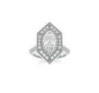 Top view of a 3 CT marquise cut lab grown diamond engagement ring with geometric hexagon halo in white gold