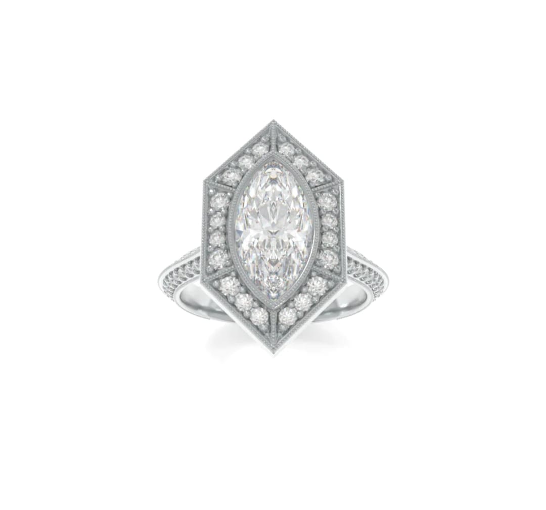 Top view of a 3 CT marquise cut lab grown diamond engagement ring with geometric hexagon halo in white gold