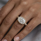 On-hand view of a 3 CT horizontal oval lab diamond ring featuring a vintage milgrain setting