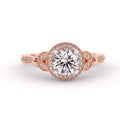 Top view of a brilliant 3 CT round cut lab grown diamond halo ring with leaf motif side settings.