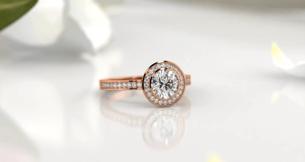 Angled top view showing 2 carat round lab diamond with pave band