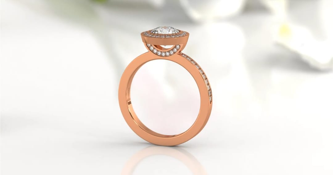 Profile view showcasing the crescent under-halo setting with accent diamonds