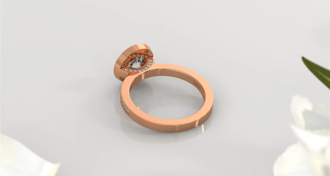 Bottom-up side profile view of 2ct lab grown diamond engagement ring