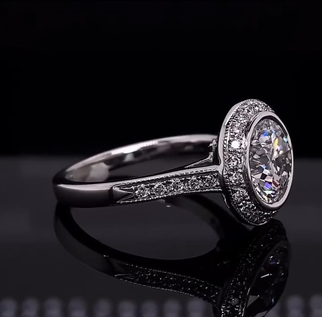 Side angle view of a 3 CT lab diamond ring showing pavé accent diamonds and milgrain detailing on the band.