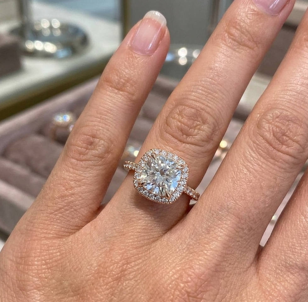 Top view of a beautiful 2 CT cushion cut lab grown diamond halo engagement ring worn on a woman's finger.